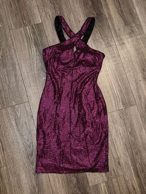 Guess Metallic Fuchsia Crossback Mini Dress